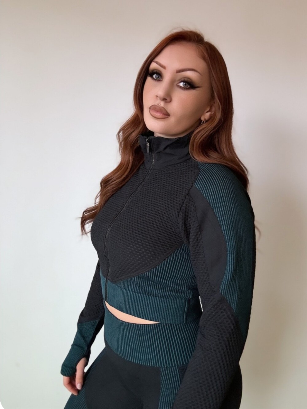 Sporty Black and Teal Cropped Zip-Up Jacket